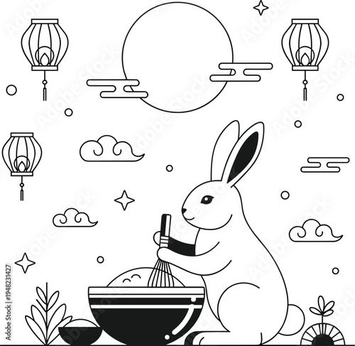 Cartoon rabbit chef grilling vegetables on barbecue outdoors