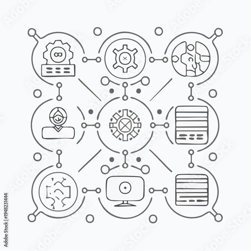 Artificial intelligence network concept vector illustration featuring a central AI brain connected with various technology icons such as cloud computing, automation, robotics, communication systems.