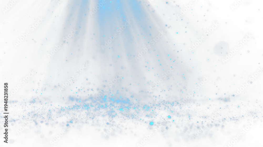 Fototapeta premium Light rays shine through a misty background filled with blue particles during the day in an abstract scene