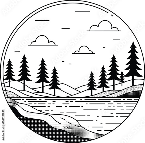 Illustration of seasonal landscape changes with mountains and forest