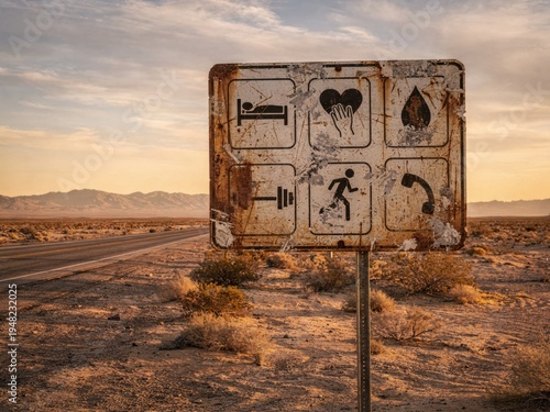 Distressed road sign symbolizing life's choices including rest exercise hydration and well being under a vast desert sky at sunset epitomizing the journey of life and human experience