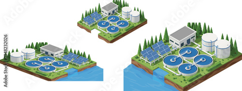 Isometric water treatment plant, wastewater purification facility with tanks solar panels and reservoirs, cad drawing flat vector illustration