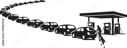 Black outline silhouette of long queue at gas station pumps forming wavy line 