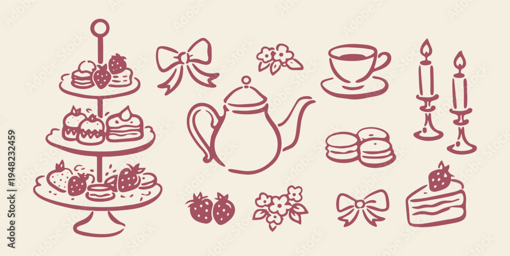 Fototapeta premium Tea party dessert set outline sketch vector illustration