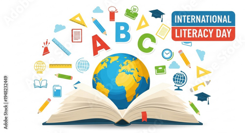 International literacy day globe on open book with education icons and abc letters