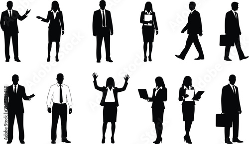 Professional business people silhouettes collection featuring corporate men and women in suits walking standing talking working and celebrating for office projects