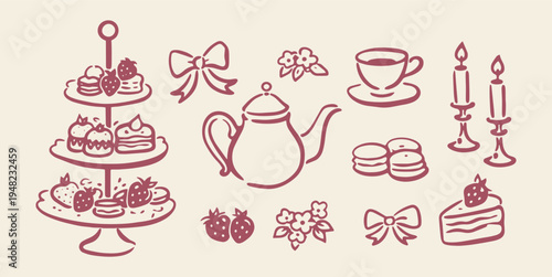 Tea party dessert set outline sketch vector illustration