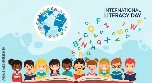 Diverse children celebrating international literacy day with books and alphabet letters flying around globe