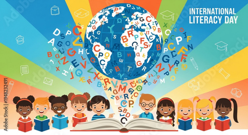 Children celebrating international literacy day with globe and books symbolizing education and learning