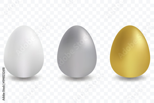 Set of different 3D realistic shiny golden holographic Easter eggs isolated on white background