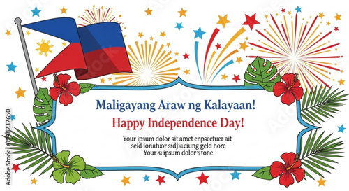 Philippine independence day celebration with flag fireworks and floral decorations