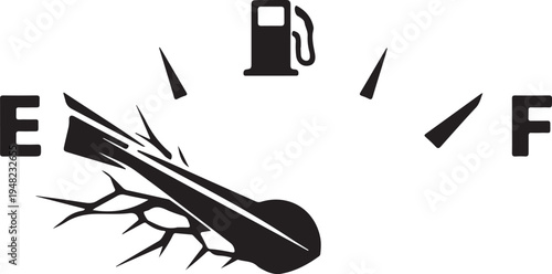 Abstract black silhouette of fuel gauge needle at zero with cracking lines