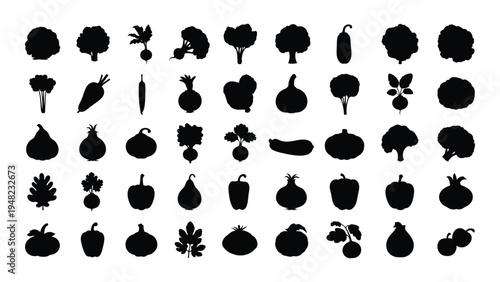 A comprehensive collection of black silhouette icons featuring various fruits and vegetables in a grid layout for design and educational purposes