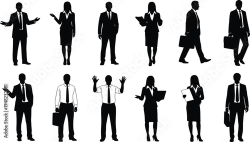 Professional business people silhouettes collection featuring men and women in suits standing walking and presenting for corporate office work concepts.