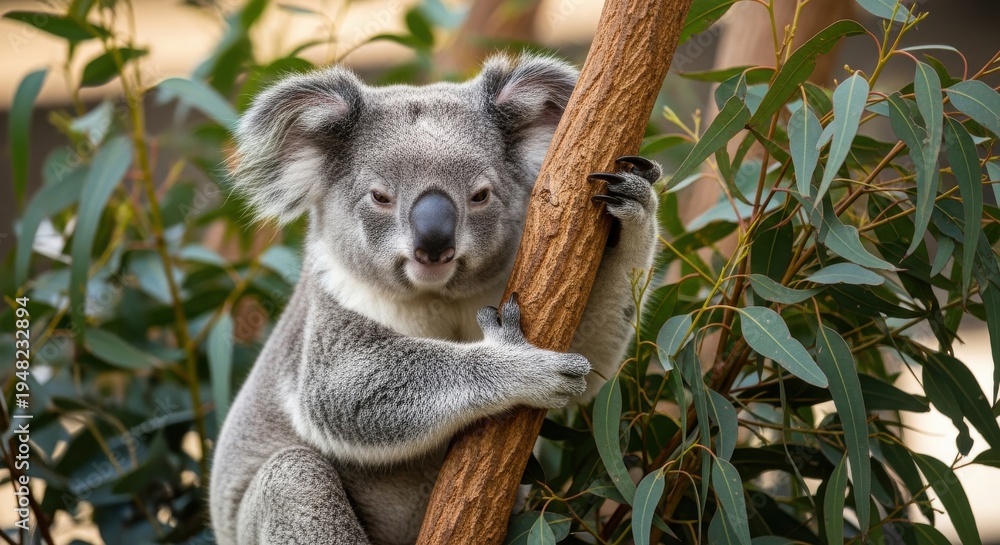 Fototapeta premium Adorable koala clinging to a eucalyptus branch amidst lush foliage