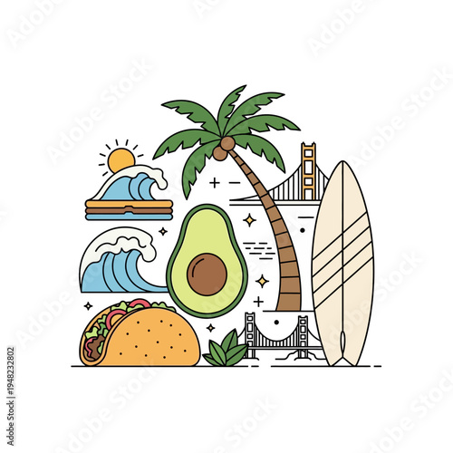 California Beach Vibes: Avocado, Taco, Surfboard, Palm Tree, Waves, Golden Gate Bridge