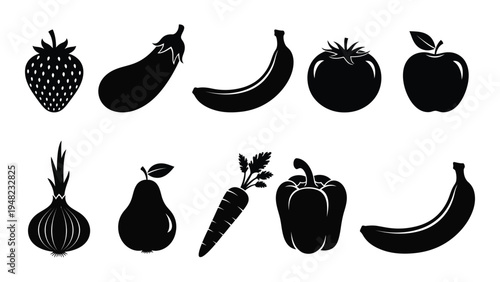 A vibrant and diverse collection of fruit and vegetable illustrations in black silhouette on a white background for healthy eating and nutrition concepts