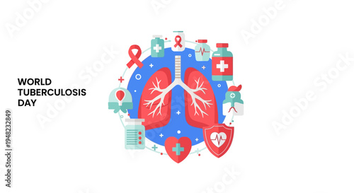Vector illustration of lungs surrounded by medical icons for World Tuberculosis Day and lung health awareness campaigns with a blue and red color scheme