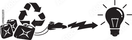 Black silhouette of recycling oil cans into energy bulb