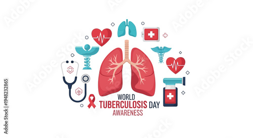 Illustration of World Tuberculosis Day awareness campaign with lungs, stethoscope, and medical icons on a white background
