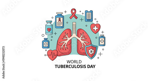 World Tuberculosis Day illustration features a lung health campaign design with a doctor, stethoscope, and medical icons in a blue and red vector graphic