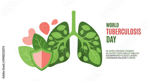 Vector illustration of a green lung with a shield and leaves for World Tuberculosis Day and lung health awareness campaign, conveying a healthy and protective concept