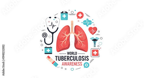A World Tuberculosis Day awareness illustration featuring a stethoscope, lungs, and medical icons on a white background with a health campaign concept