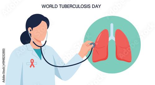 A medical professional examines lungs with a stethoscope on World Tuberculosis Day for a lung health campaign illustration