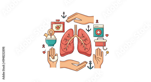 Illustration of hands surrounding lungs with medical icons for World Tuberculosis Day and lung health awareness campaign, promoting healthcare and wellness