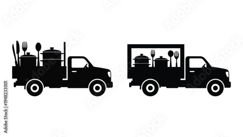Food truck silhouette illustrations for restaurant or catering business branding and marketing materials