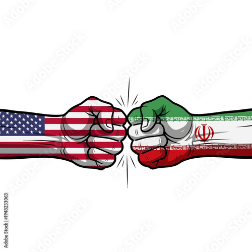 Clashing fists wrapped in the flags of the united states and iran