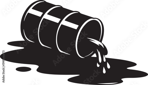 Dynamic black silhouette of leaking oil barrel with shadow puddle
