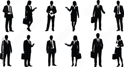 Set of professional business people silhouettes in formal corporate suits standing and posing for presentation isolated on white background vector