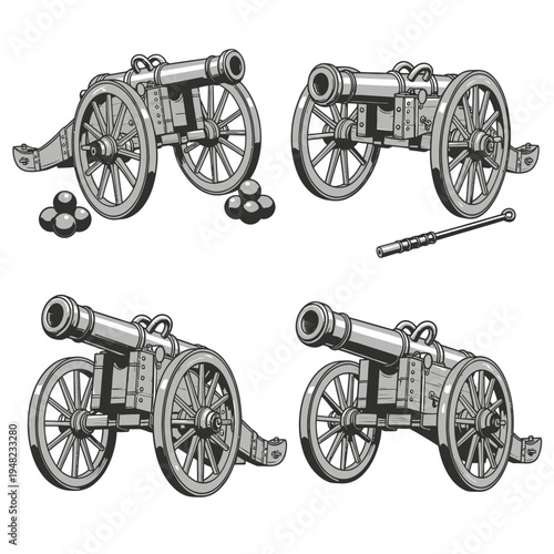 antique cannon on wooden carriage vector illustration flat design