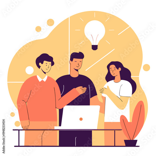 A team of three professionals collaborating on a new project idea while using a laptop computer