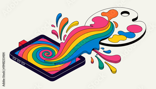 Isometric Digital Tablet and Traditional Art Palette Fusion with Liquid Paint Stream