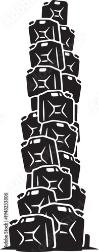 Silhouette of empty jerrycan stack towering high