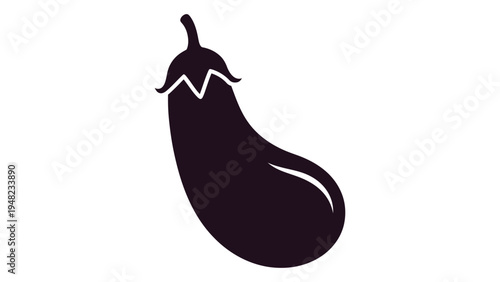 A deep purple eggplant silhouette with white highlights on a clean white background, simple yet striking vegetable illustration