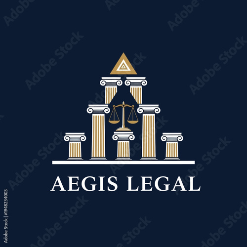 Aegis Legal Logo with Multi-Tiered Pillars Structure and Justice Scales on Dark Blue Background