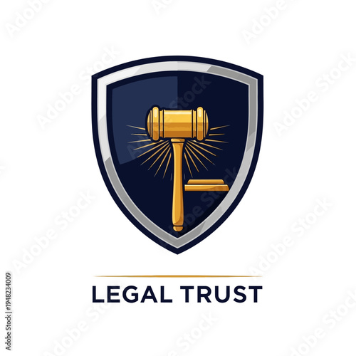 Legal Trust Gavel Shield Logo with Sun Rays on isolated white background