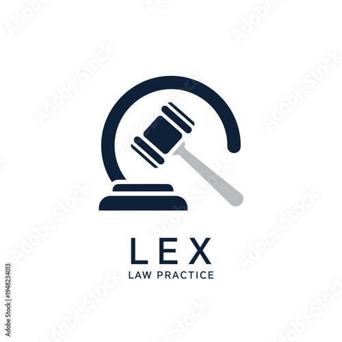 Modern Lex Law Practice Logo with Stylized Gavel and Circular Arc on Isolated White Background