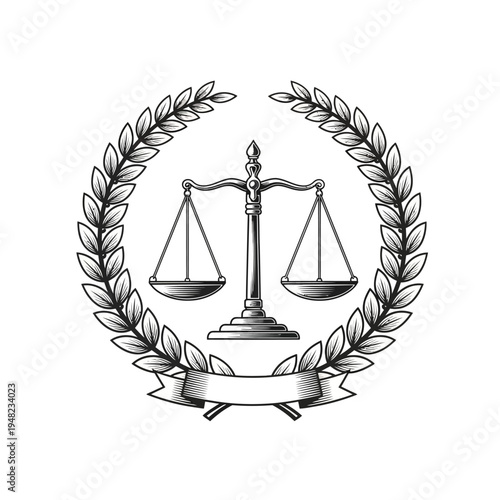 Classic Justice Scales Logo with Laurel Wreath on Isolated White Background