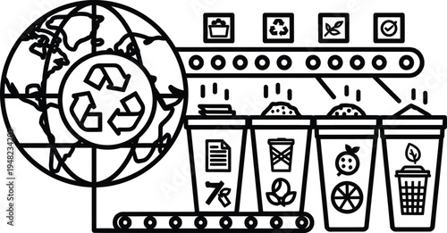recycling factory conveyor belt with earth and icons