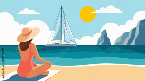 A serene scene depicting a woman in a swimsuit relaxing on the beach while enjoying the sight of a sailboat in the distance against a beautiful sunlit ocean backdrop.
