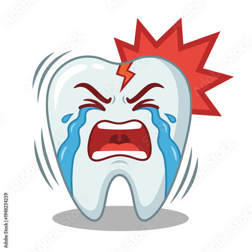 This humorous cartoon features a sad tooth with tears and a dramatic effect, capturing the emotions associated with dental pain and the importance of oral health care.