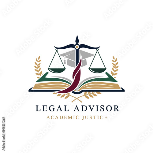 Legal Advisor Logo with Justice Scales, Open Book, Graduation Cap and Olive Branches on Isolated White Background