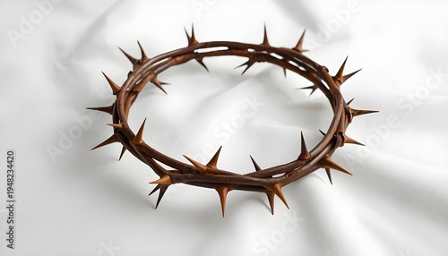 A crown of thorns rests on a white cloth background, symbolizing sacrifice and faith.