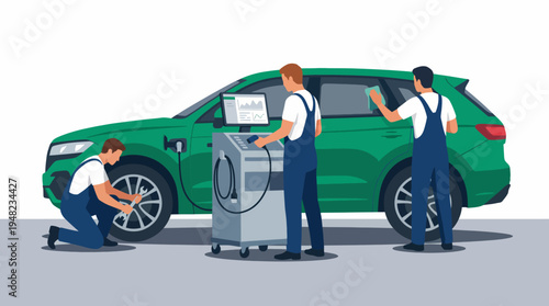 This image shows three professionals performing various tasks on a green SUV, including tire maintenance and using diagnostic tools, highlighting quality car service.