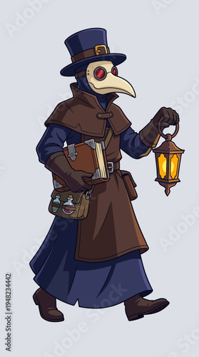 This illustration features a mysterious plague doctor in a dark cloak wielding a lantern, symbolizing history and intrigue while showcasing an artful, vintage style.