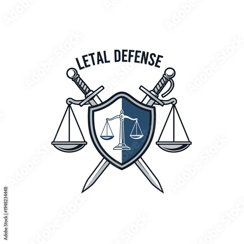 Lethal Defense Legal Logo with Shield, Crossed Swords, and Scales of Justice, isolated white background
